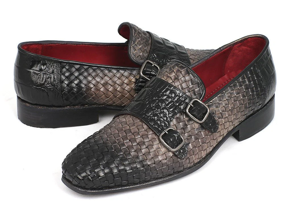 Paul Parkman Men's Woven and Croco-Embossed Leather Monkstraps in Black and Gray - Image 3