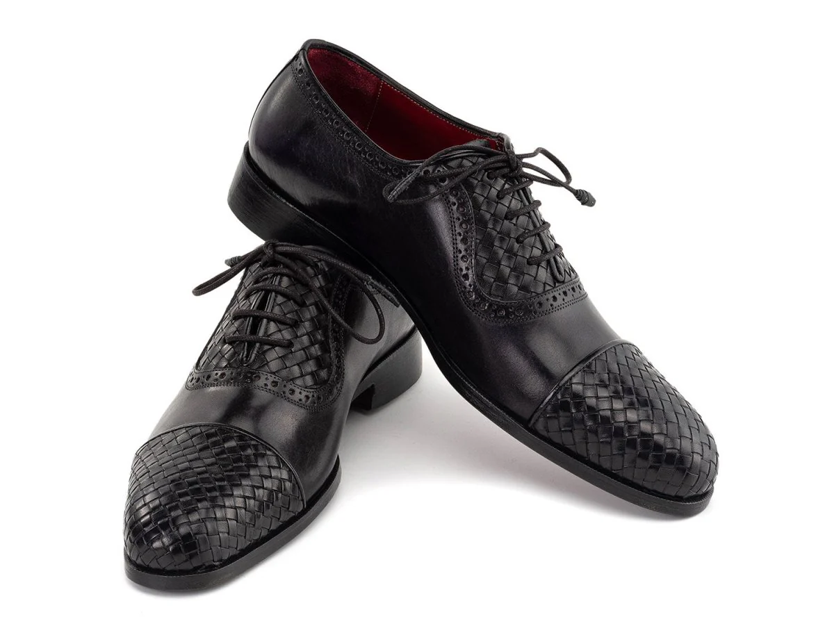 Paul Parkman Men's Woven Leather Cap Toe Oxford Shoes in Black - Image 2