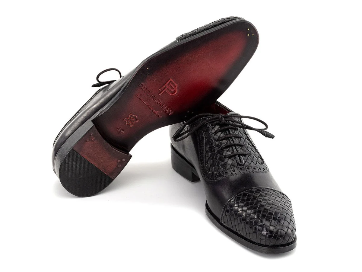 Paul Parkman Men's Woven Leather Cap Toe Oxford Shoes in Black - Image 4