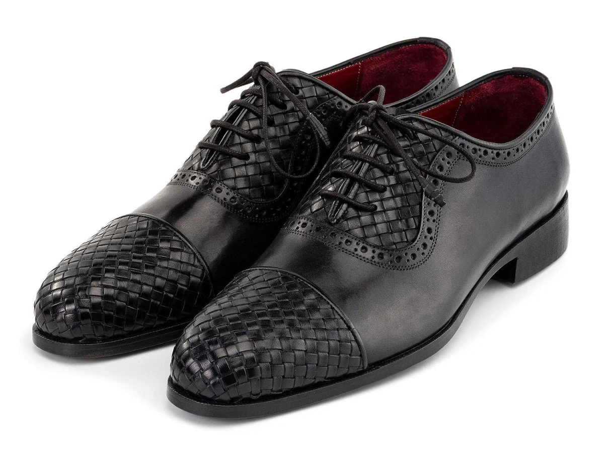 Paul Parkman Men's Woven Leather Cap Toe Oxford Shoes in Black - Image 6