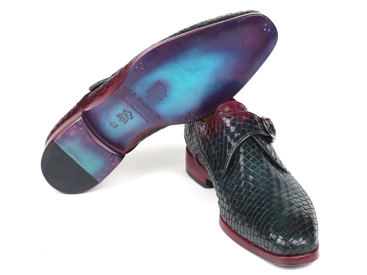 Paul Parkman Men's Woven Leather Single Monkstraps in Purple and Green - Image 3