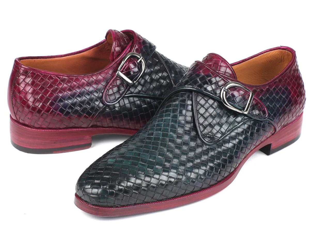Paul Parkman Men's Woven Leather Single Monkstraps in Purple and Green - Image 4