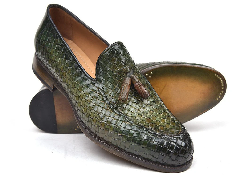 Paul Parkman Men's Woven Leather Tassel Loafers in Green - Image 2