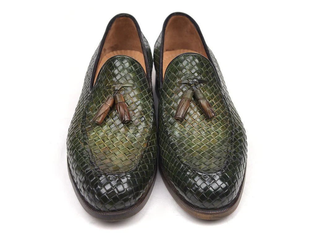 Paul Parkman Men's Woven Leather Tassel Loafers in Green - Image 3