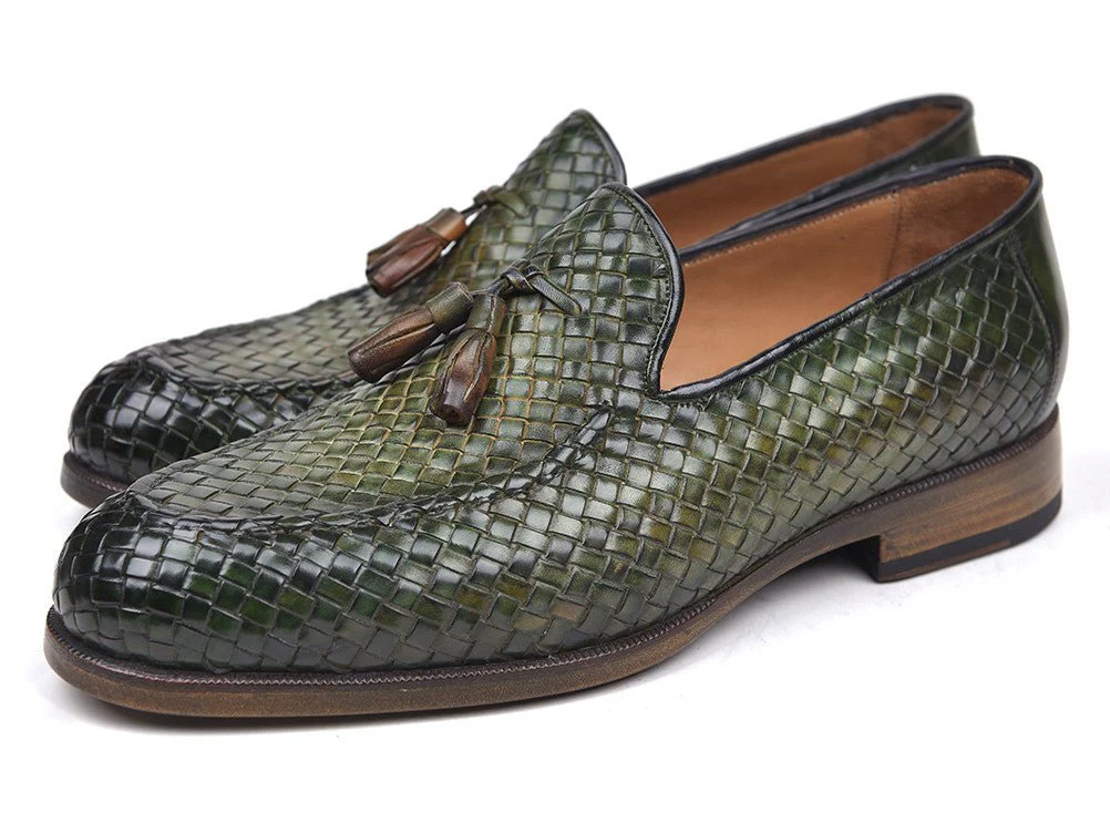 Paul Parkman Men's Woven Leather Tassel Loafers in Green - Image 4