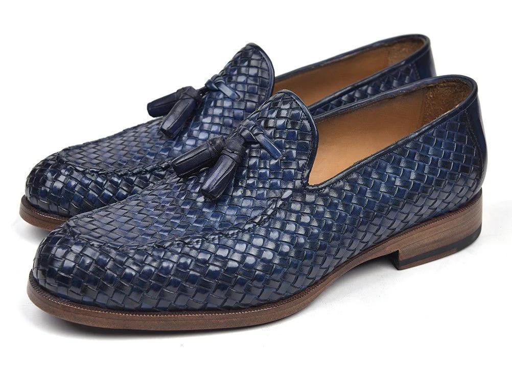 Paul Parkman Men's Woven Leather Tassel Loafers in Navy - Image 4