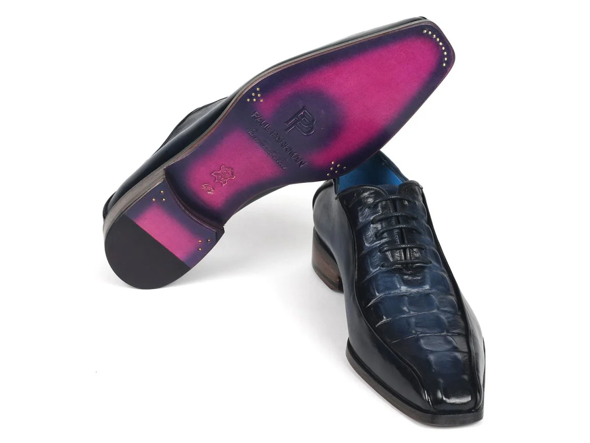 Paul Parkman Navy Croco Textured Leather Bicycle Toe Oxfords (ID#94-214) - Image 2