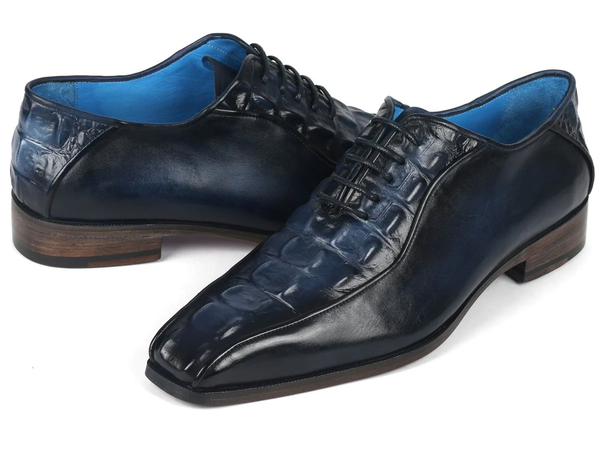 Paul Parkman Navy Croco Textured Leather Bicycle Toe Oxfords (ID#94-214) - Image 3
