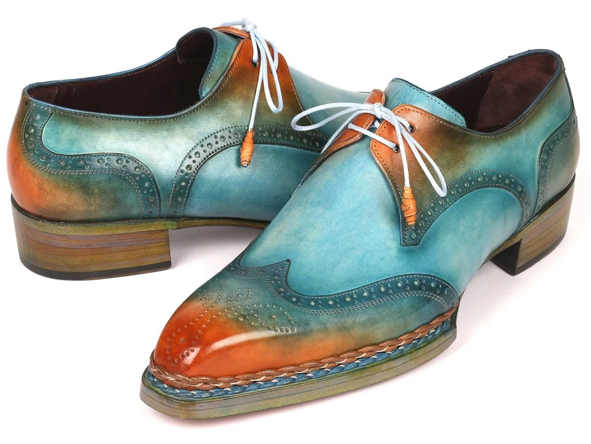 Paul Parkman Norwegian Welted Wingtip Derby Shoes in Turquoise and Tobacco - Image 3
