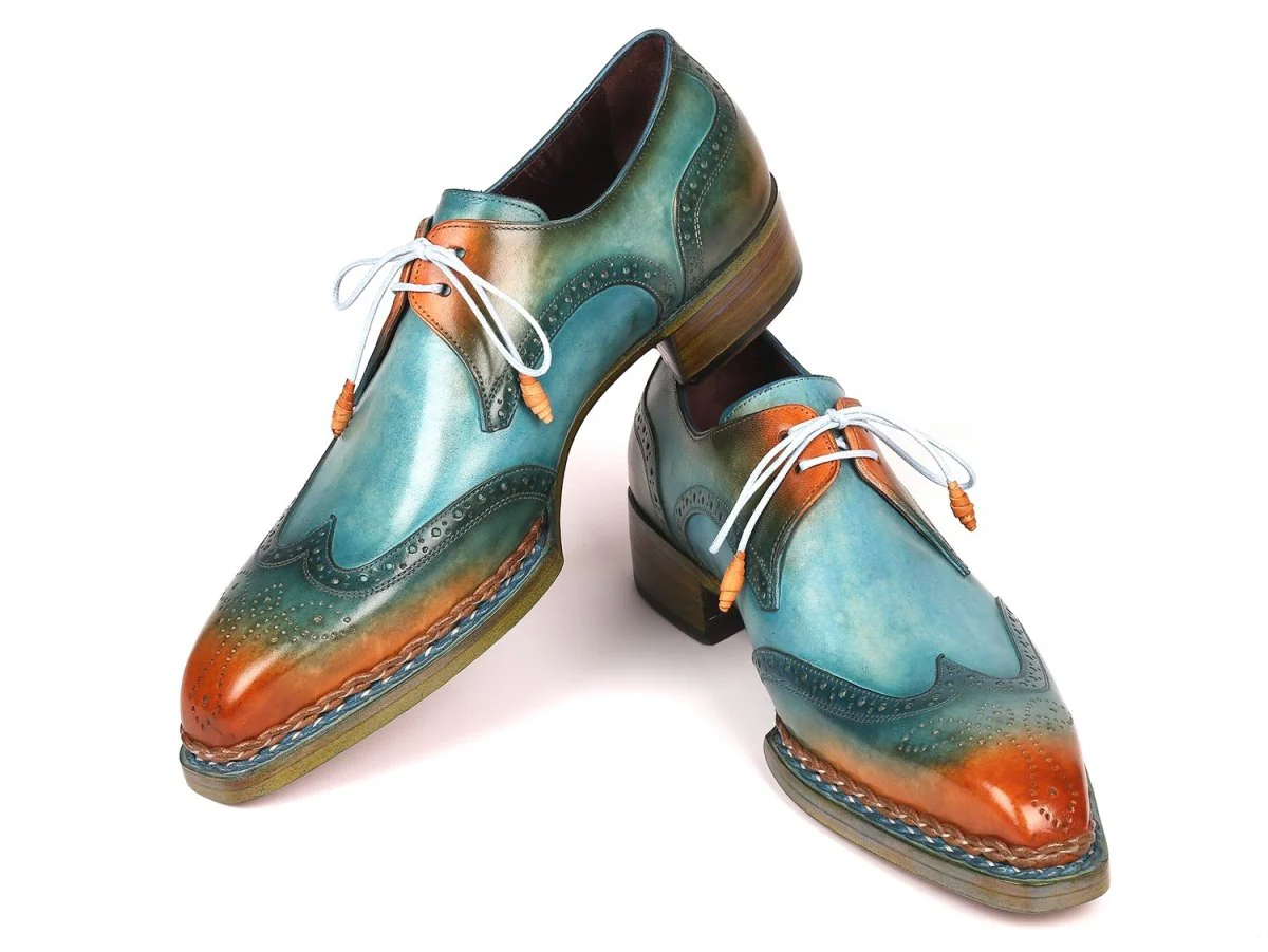 Paul Parkman Norwegian Welted Wingtip Derby Shoes in Turquoise and Tobacco - Image 4