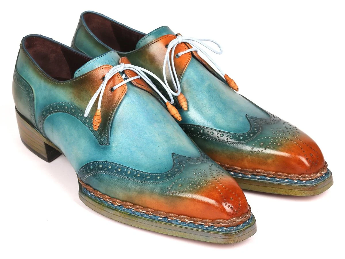 Paul Parkman Norwegian Welted Wingtip Derby Shoes Turquoise and Tobacco (ID#8506-TRQ)