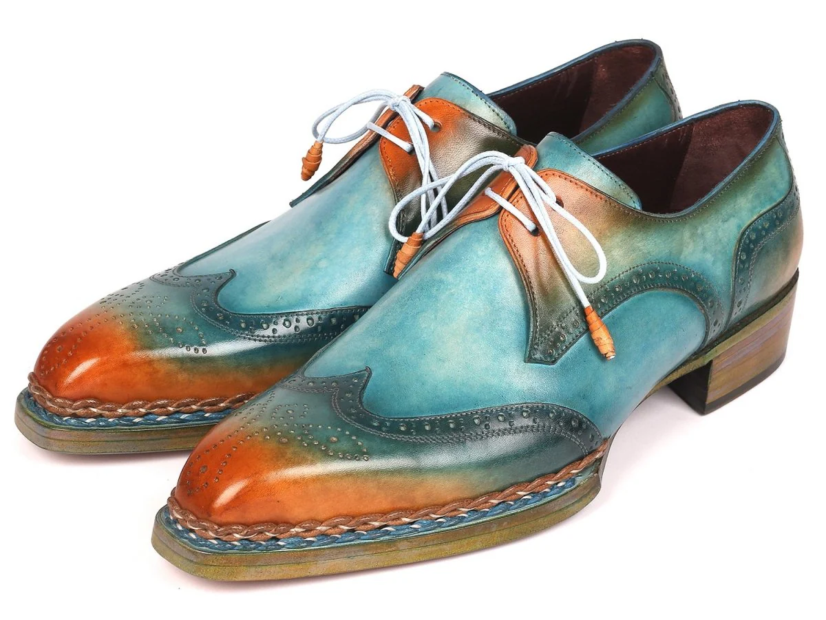 Paul Parkman Norwegian Welted Wingtip Derby Shoes Turquoise and Tobacco (ID#8506-TRQ) - Image 6