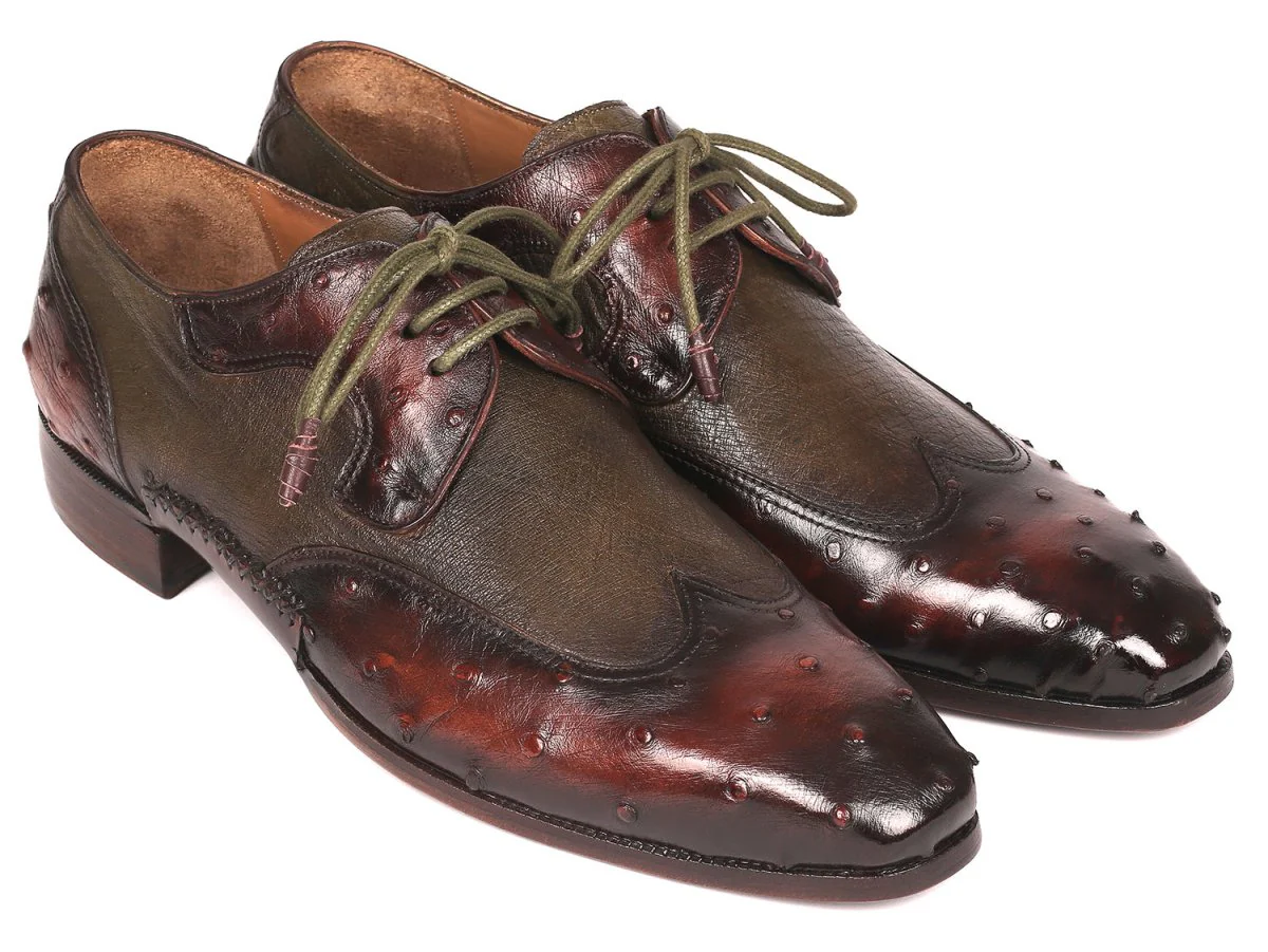 Paul Parkman Ostrich Skin Wingtip Derby Shoes Brown and Green (ID#844H389)