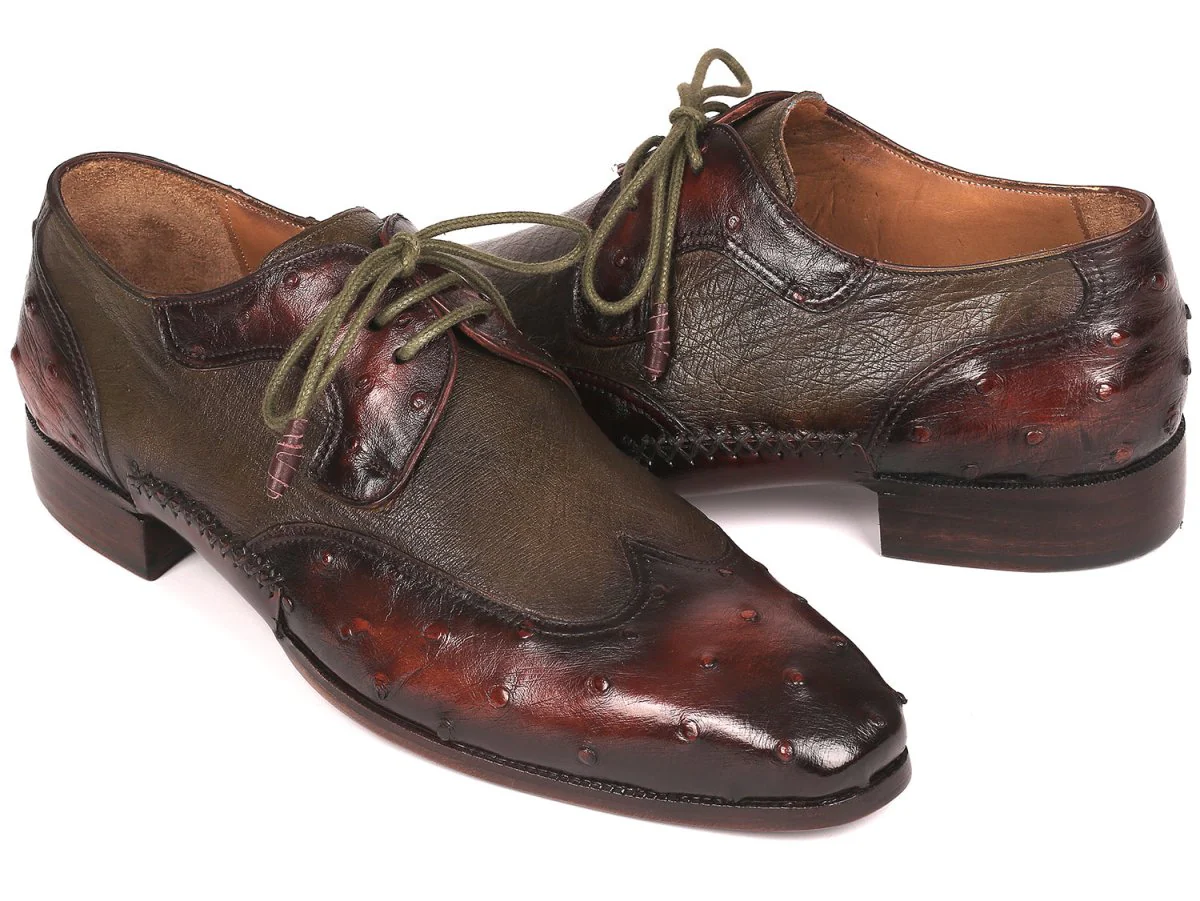 Paul Parkman Ostrich Skin Wingtip Derby Shoes Brown and Green (ID#844H389) - Image 2
