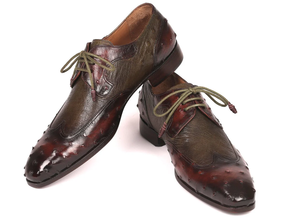 Paul Parkman Ostrich Skin Wingtip Derby Shoes Brown and Green (ID#844H389) - Image 3