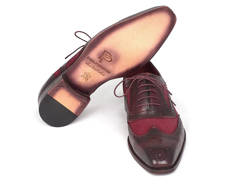 Paul Parkman Suede and Calfskin Men's Wingtip Oxfords in Bordeaux - Image 3