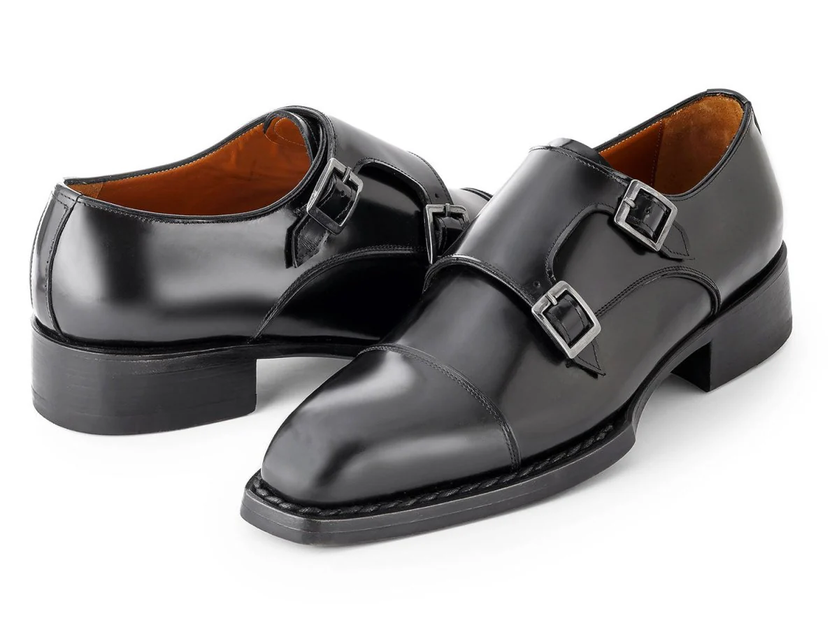Paul Parkman Triple Leather Sole Hand-Welted Cap Toe Monkstraps Black (ID#LX75MNK) - Image 2