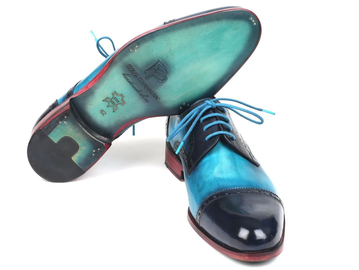 Paul Parkman Two Tone Cap-Toe Derby Shoes Blue and Turquoise (ID#046-TRQ) - Image 3