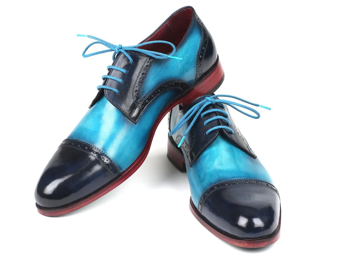 Paul Parkman Two Tone Cap-Toe Derby Shoes Blue and Turquoise (ID#046-TRQ) - Image 4
