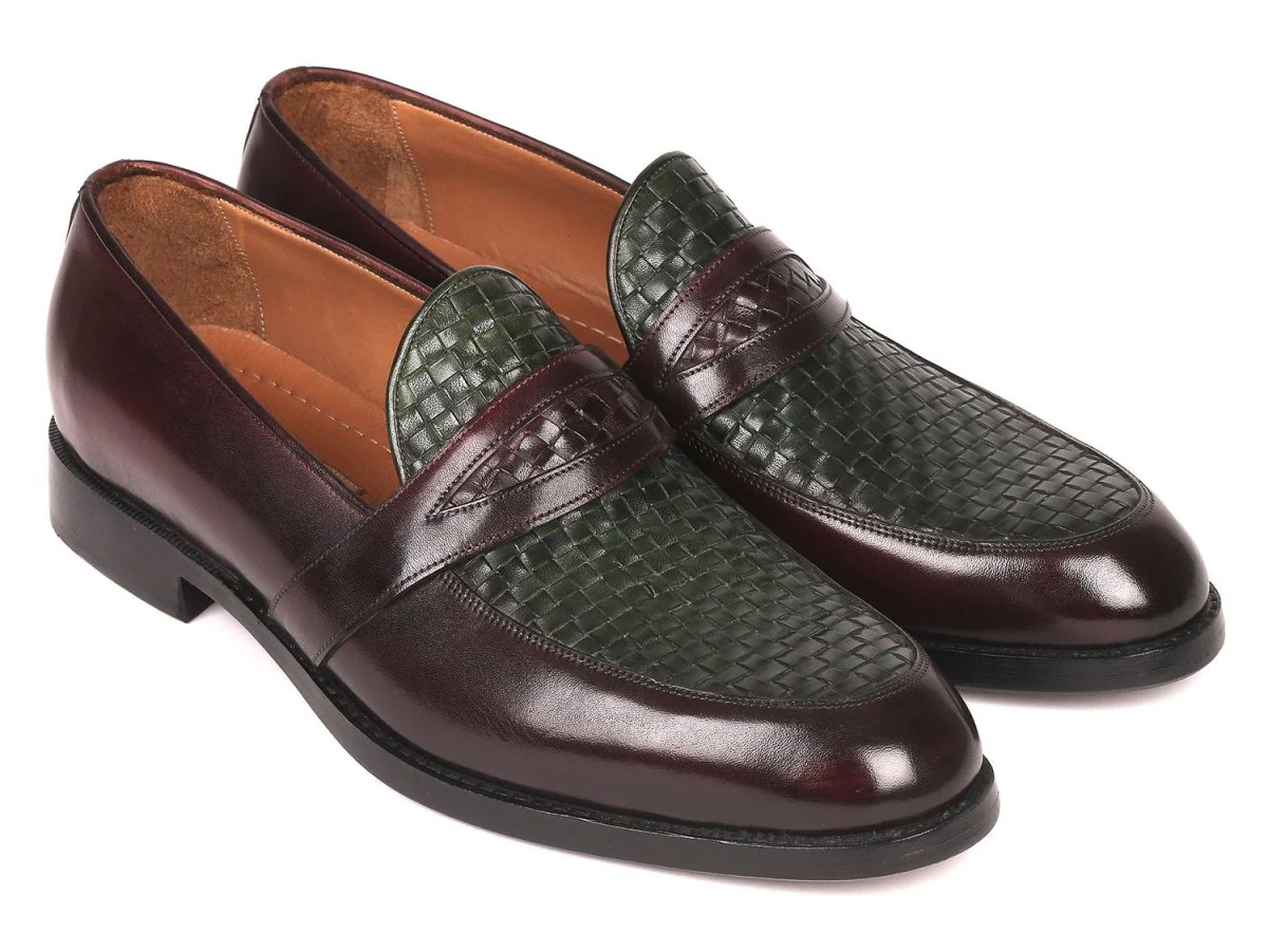 Paul Parkman Woven Leather Loafers Brown and Green (ID#548LF832)