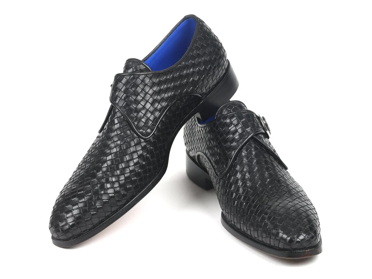 Paul Parkman Woven Leather Single Monkstraps in Black - Image 5