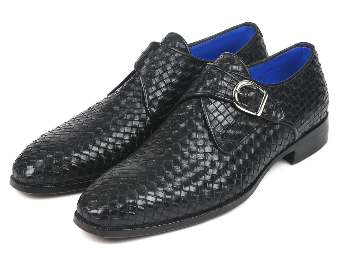 Paul Parkman Woven Leather Single Monkstraps in Black - Image 6