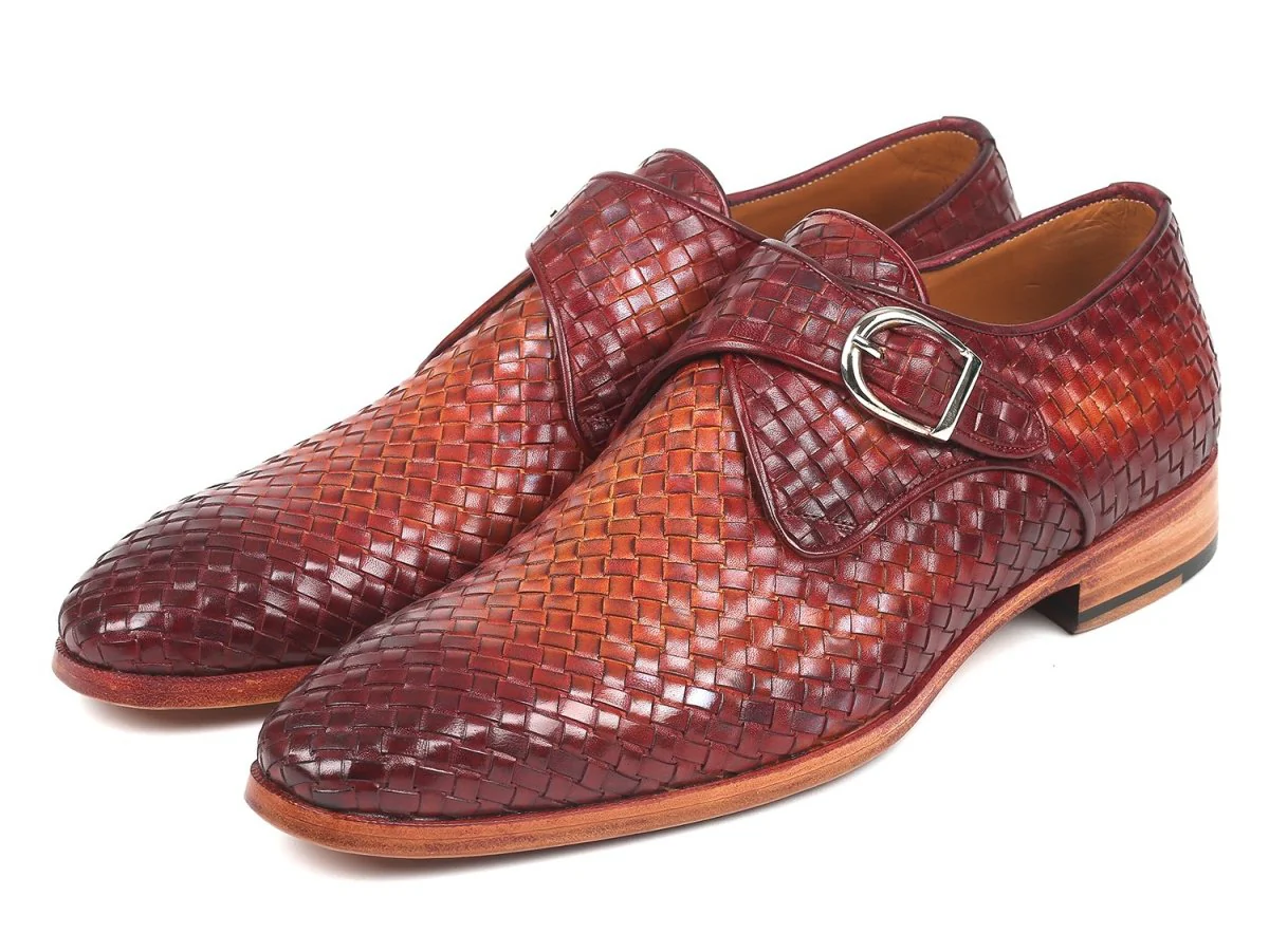 Paul Parkman Woven Leather Single Monkstraps in Reddish Brown - Image 6