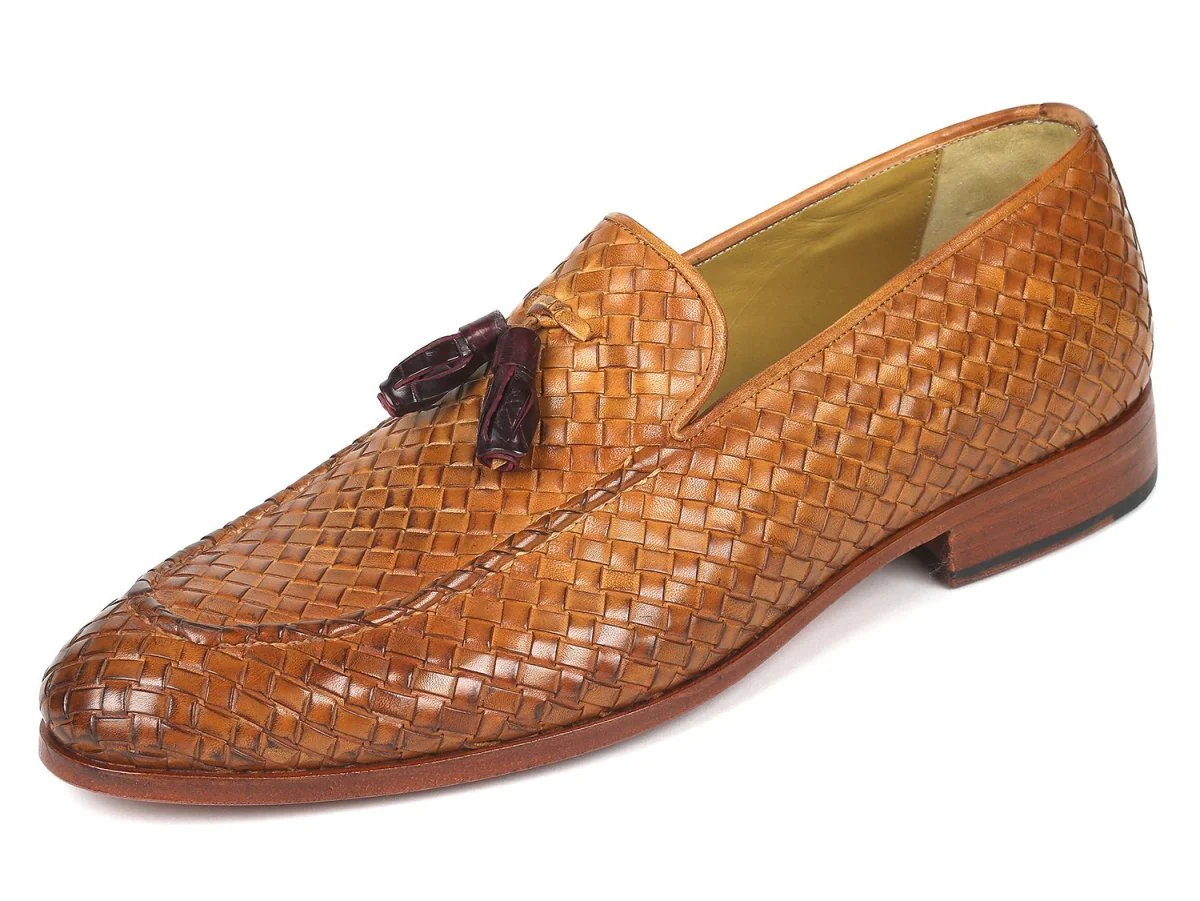 Paul Parkman Woven Leather Tassel Loafers in Camel - Image 2